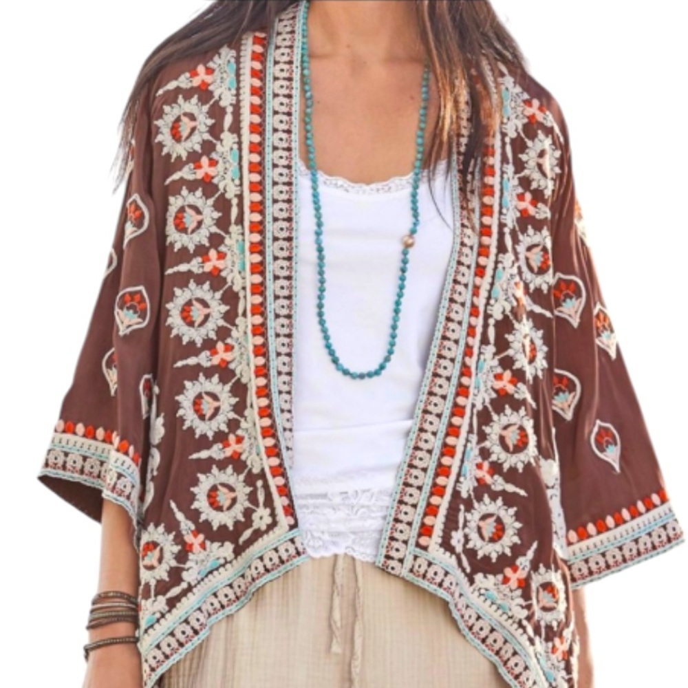Tolani x Sundance Chocolate Brown Embroidered Kimono 3/4 Sleeves EUC Small